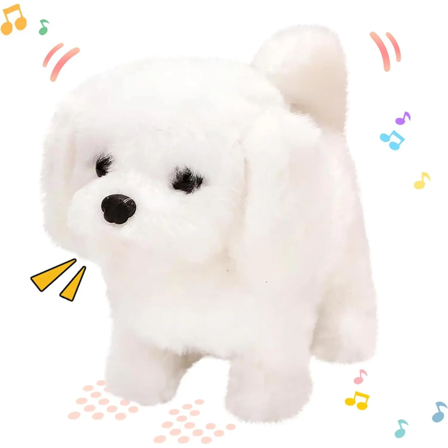 Walking Dog Bichon Interactive Electronic Pet Plush Toy Puppy Woof and Moving Animated Nodding Head Gifts  Toddlers Birthday, White, 7''