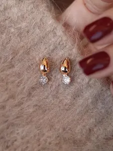 French-style teardrop stud earrings set with tiny gold bead & cubic zirconia. Polished vintage mini gold studs feature teardrop CZ for minimalist, distinctive quiet luxury. Delicate silhouettes flatter faces, lightweight and versatile for daily wear.