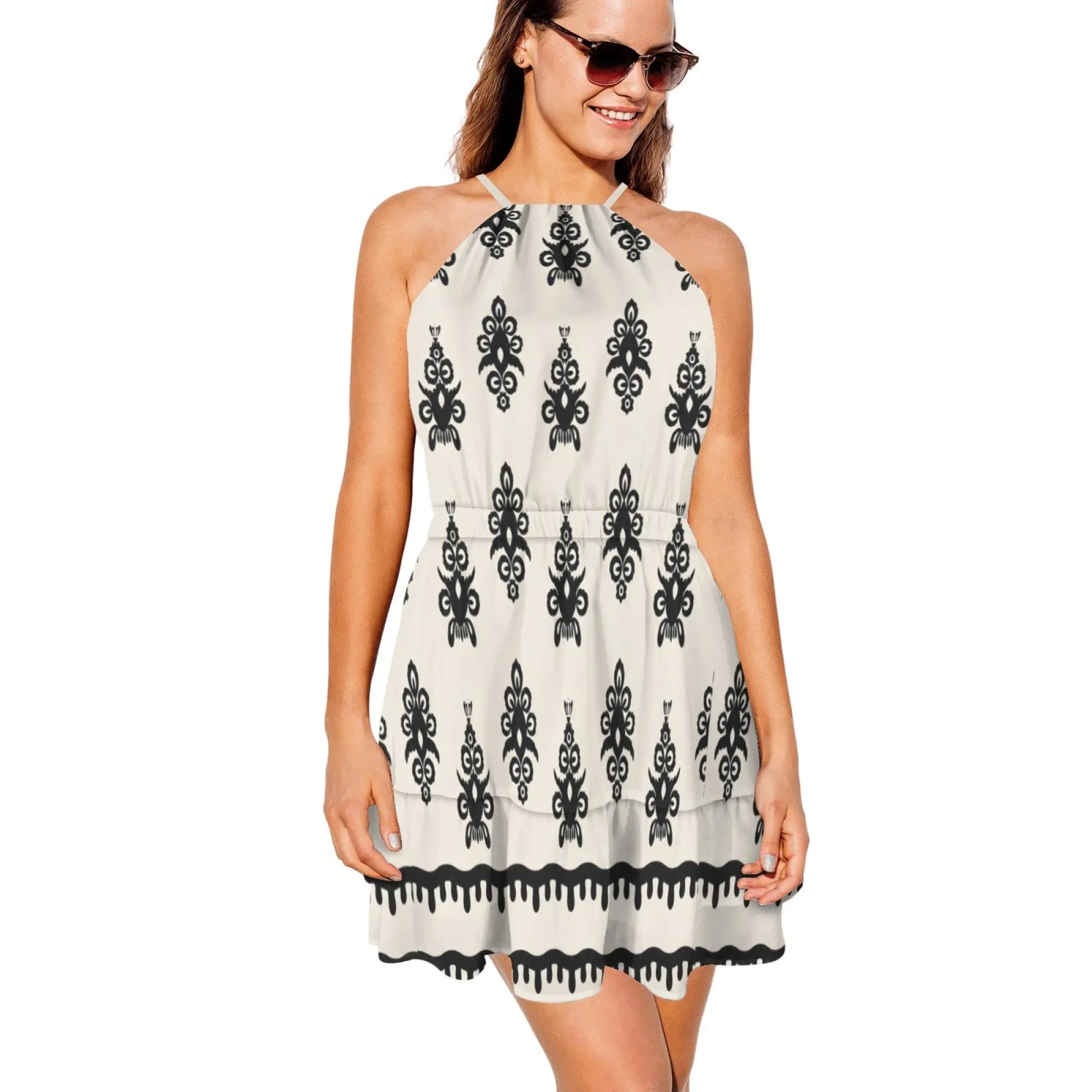 Ornate Damask Motif Halter Neck Tiered Mini Dress Elastic Waist Ruffled Hem Flowy Chiffon Slip Dress For Tropical Vacations Outdoor Brunch And Coastal Strolls