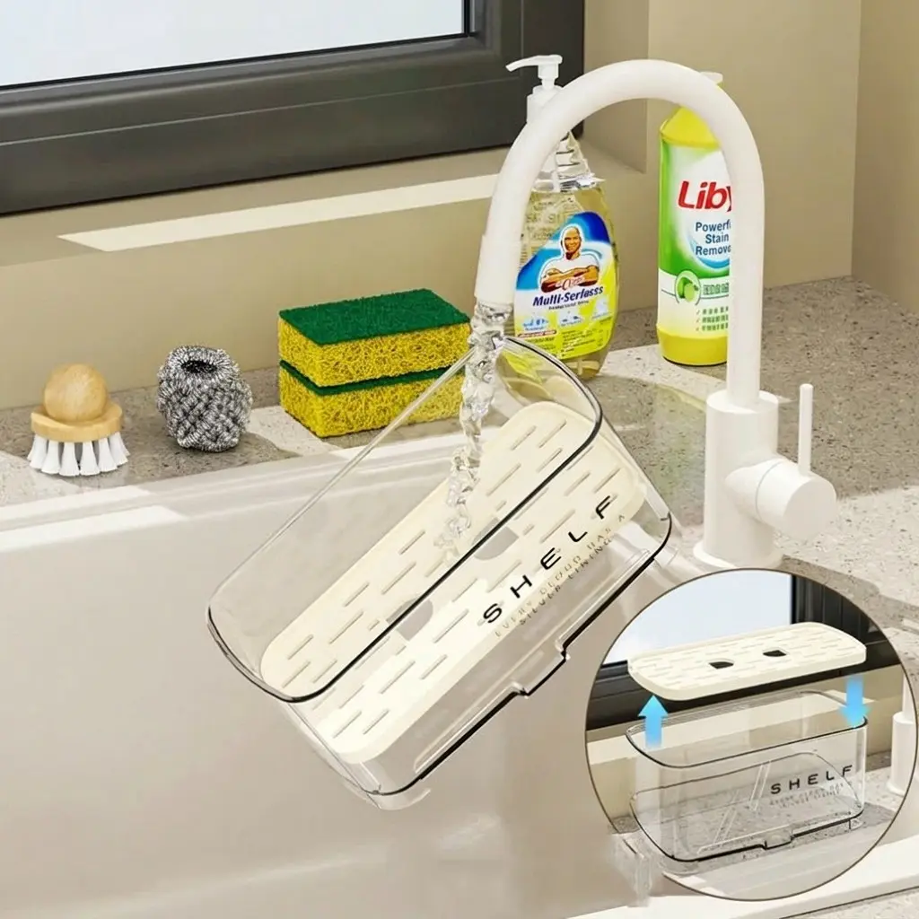 Transparent Acrylic Kitchen Sink Sponge Holder, Automatic Drain Tray, Countertop Organizer for Sponges, Soap, Brushes, Cleaning Tools