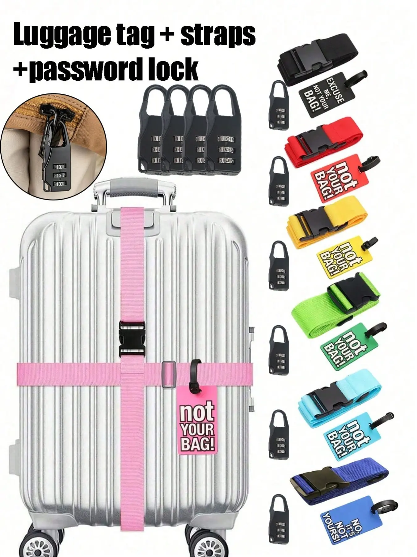 Multicolor travel security set including luggage straps, tags and combination locks. Waterproof ID tags with name cards, anti-theft travel essentials for all bags and suitcases. Luggage Accessories