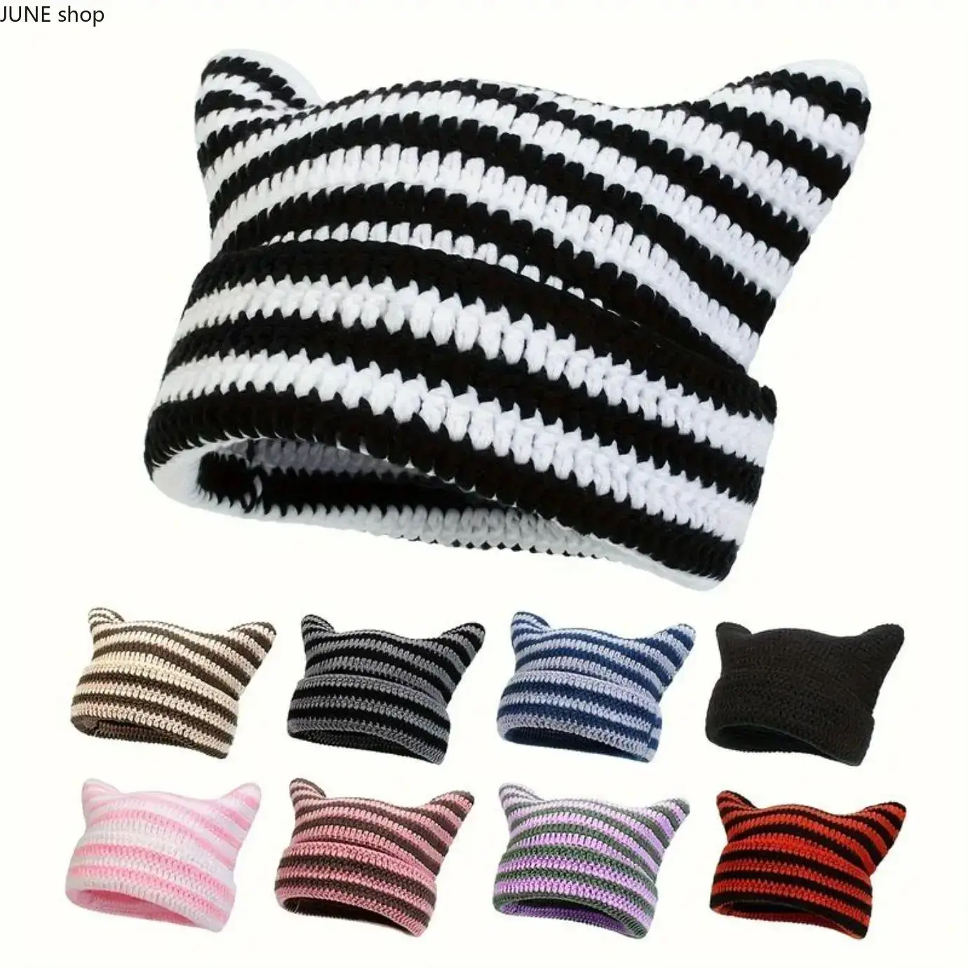 Unisex Devil Cat Ear Crochet Beanie - Handmade Hip Hop Streetwear Accessory for Casual Outfits, Machine Washable Cotton Hat, Fashion Beanie for Daily Wear, Beanies, Hats