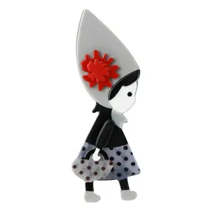 Cartoon Long Hat Carrying Basket Little Girl Acrylic Brooch Fashionable Women's Accessories