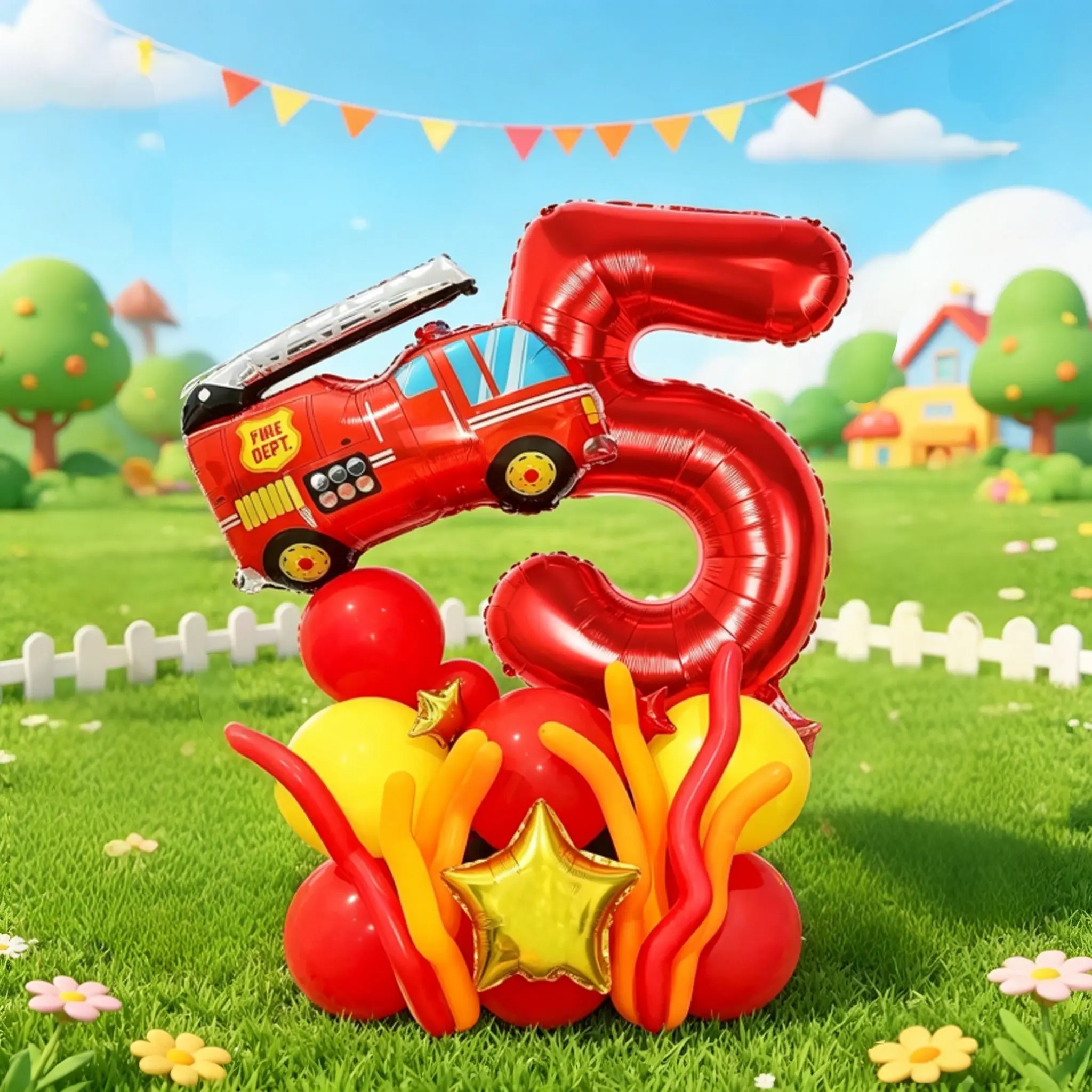 28-Piece Fire Truck Theme Birthday Balloon Set, Kid Birthday Party Balloon, Includes Number Foil, Fire Truck, Star Foil, Latex Balloons, Suitable for fire-themed birthday parties, Ideal for Fire Party Decorations