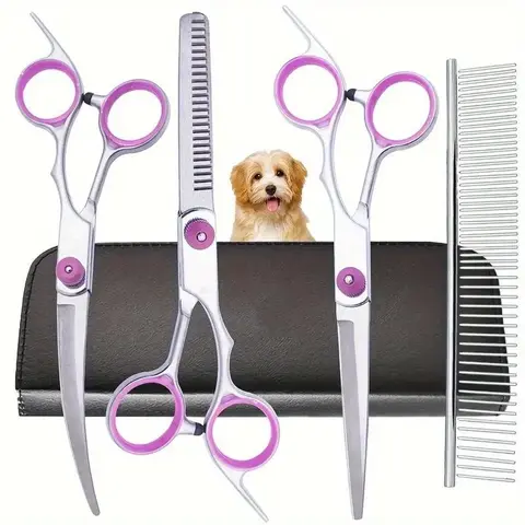 Professional Dog Grooming Kit, Five-In-One Pet Hair Clippers Set, Includes Curved Scissors and Comb, Stainless Steel, Ideal for Dogs and Cats, Grooming Supplies