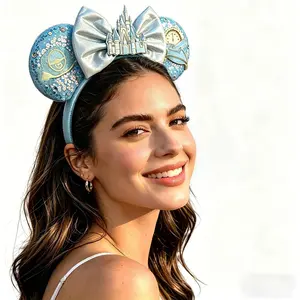 Hairband for Women Adult Blue Sequin Mouse Ears Headband with Castle Bows for Park EarsGift.