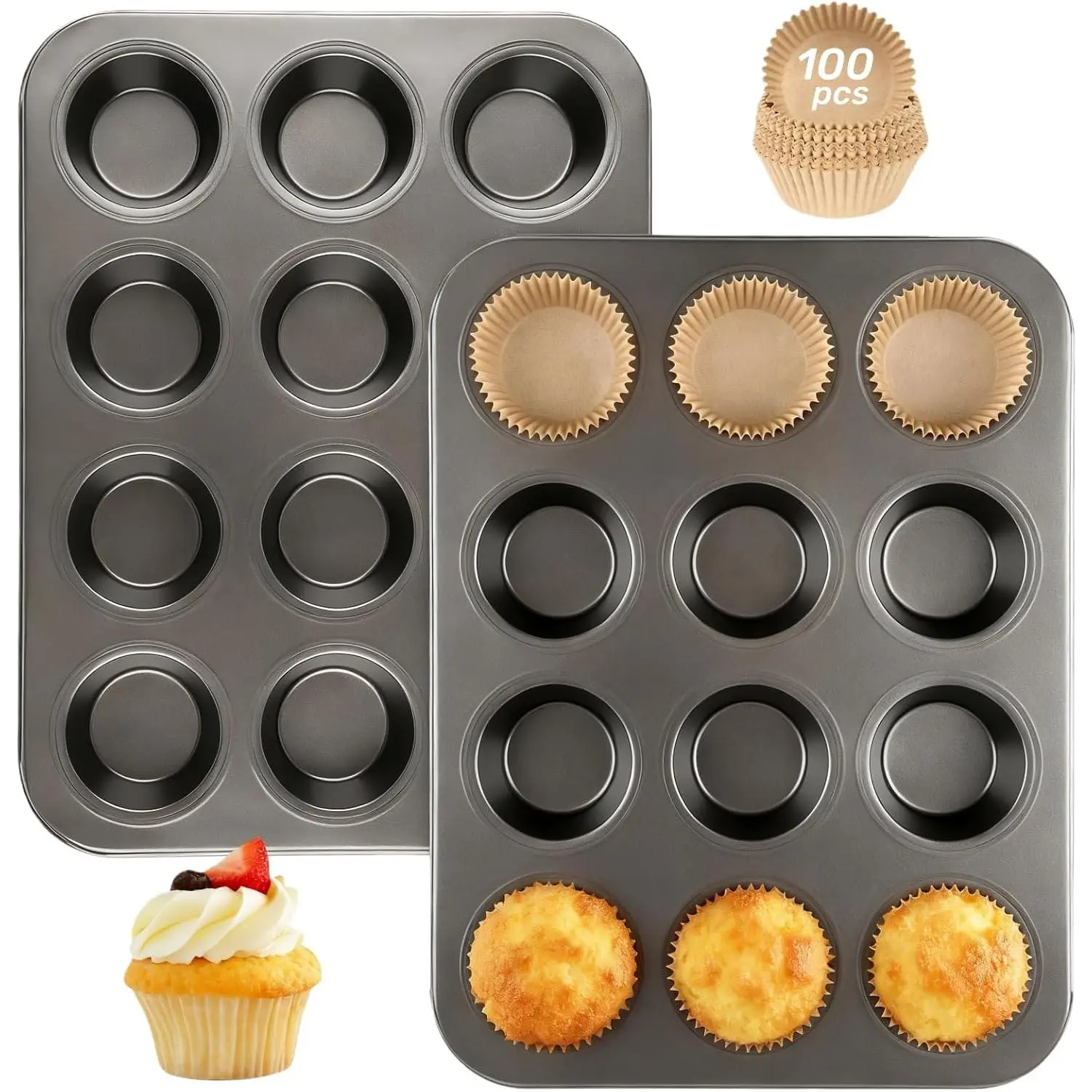 2 Pack Muffin Pan with 100 Cupcake Liners, 12 Cup Nonstick Cupcake Pan for Baking, Carbon Steel Baking Supplies Muffin Tin