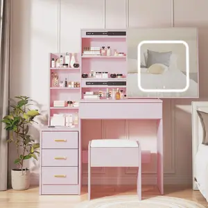 GARVEEVanity Desk with Sliding Mirror and Lights, Makeup Vanity Set with 4 Drawers, Stool, Power Outlet, Open Shelves, 3 Color Adjustable Lighting Modes, Makeup Dressing Table for Bedroom, Pink