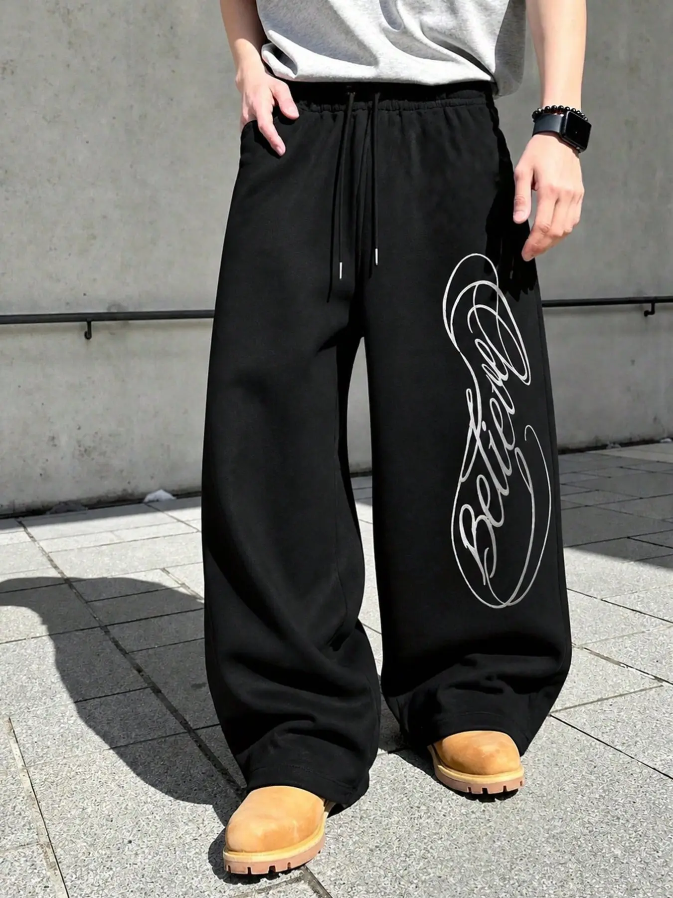 Y2K Streetwear Baggy Sweatpants Unisex | Silver Graphic Print Wide Leg Trousers | Loose Fit Drawstring Joggers for Casual Daily Skater Outfit