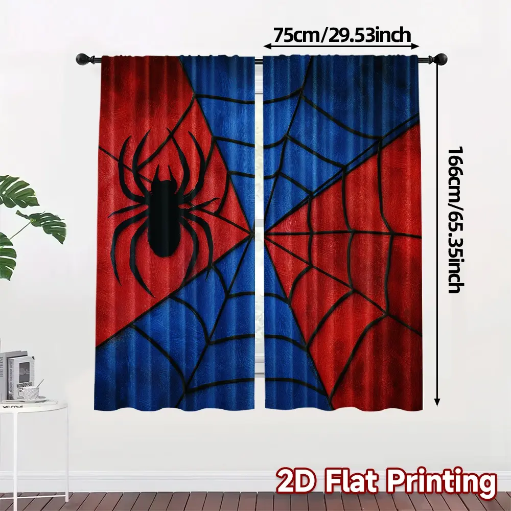 2pc [2D Flat Printing] 2D Flat Print 2-piece Curtain Set (excluding rod) Red and Blue Spider Web Pattern 1 Style Modern Popular Curtain Durable 100% Polyester Fabric For Bedroom, Living Room, Office Decoration 2D Flat Style valance nodrill blinds vintage