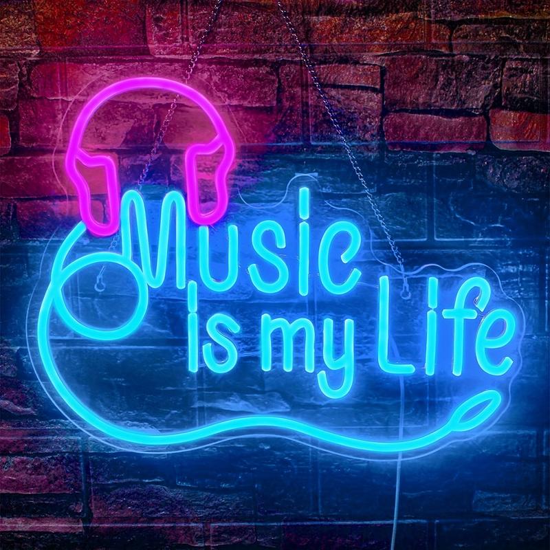 Music is my life LED neon sign, 1 piece music neon wall decoration light, dimmable headset neon light, bedroom, music studio, club, birthday, music party, live music night decoration LED wall lamp gift