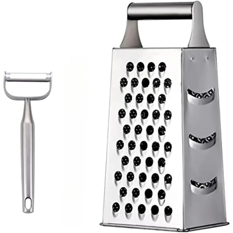 4 Sides Box Grater for Kitchen, Stainless Steel Cheese Grater with Handle, Multi-Function Vegetable Slicer & Food Shredder for Cheese, Ginger, Vegetables, Onion Potato Grater, Dishwasher Safe (Silver)
