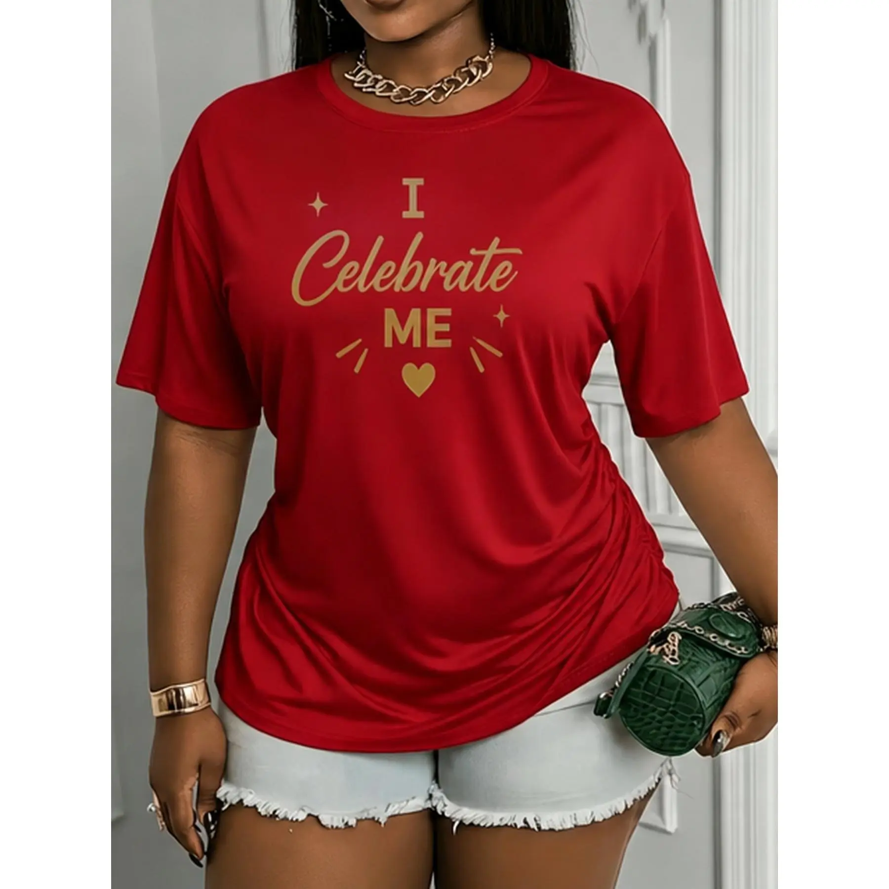 Celebrate Me! Women's Plus-size Short-sleeved T-shirt, Casual Style Printed T-shirt, Festival Gift, Comfortable Fabric, Spring and Summer T-shirt, Machine Washable, Round Neck Short-sleeved Top basic manga skull graphic high-quality cotton casual top soft