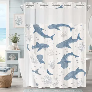 Hookless Waterproof Shower Curtain, Hookless Shower Curtain With Snap In Liner, Pale Blue Hand Drawn Whale Shark Coral Print, Quick Dry Mildew Proof Fabric, Removable Snap-in Liner Accessory, Top See-Through Window, 71×74 Inch