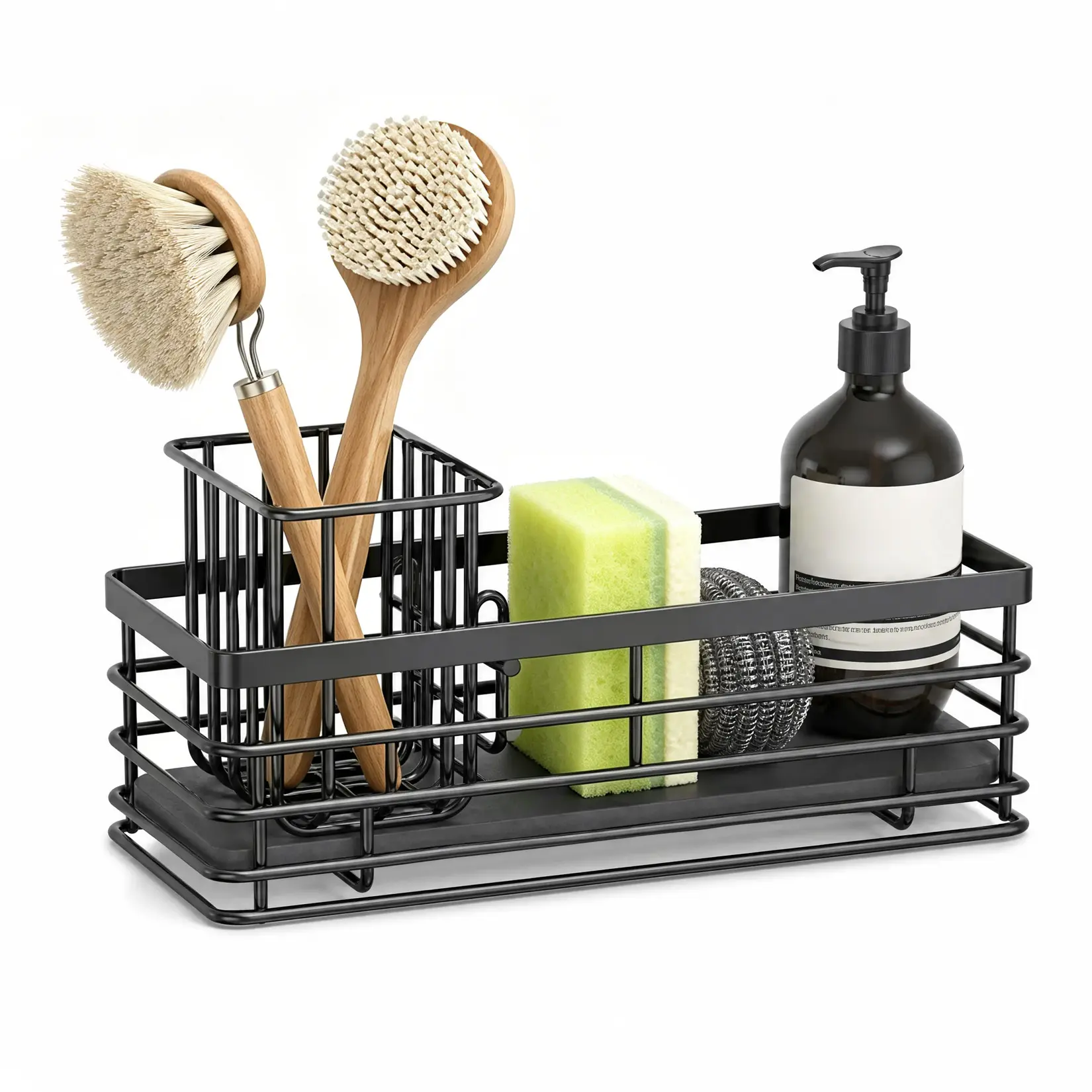 Black Alloy Basin Caddy Organizer, Multi-Purpose Countertop Storage Rack with Toothbrush Holder for Kitchen & Bathroom, Fast-Draining Grid