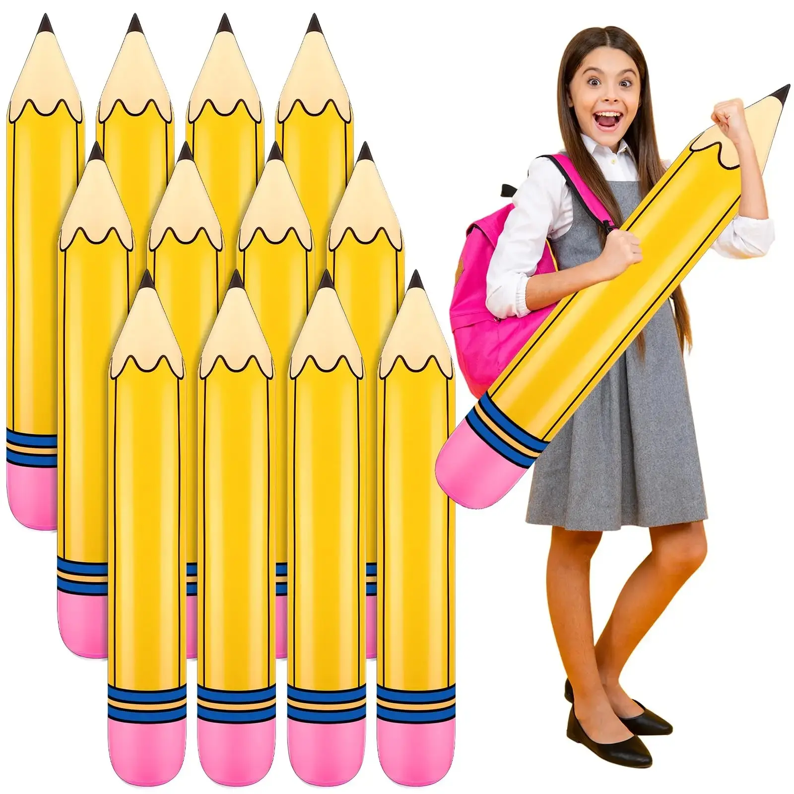 🎒 12-Piece Inflatable Pencil Balloon Set｜Back to School Welcome Party Props Balloon Decoration for Teachers, Students & First Day Supplies｜PVC Giant Multicolor Classroom Hanging Decor