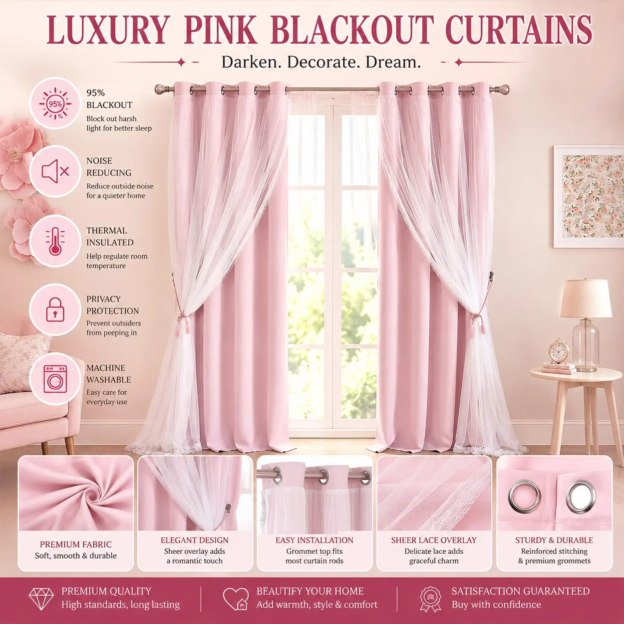 2panels Double Layer Blackout Window Curtain, Home Decoration Curtain, Pure Color Two-Piece Design, Top Ring Installation, Ideal for Bedroom, Living Room, Party Decor, Blackout Curtains