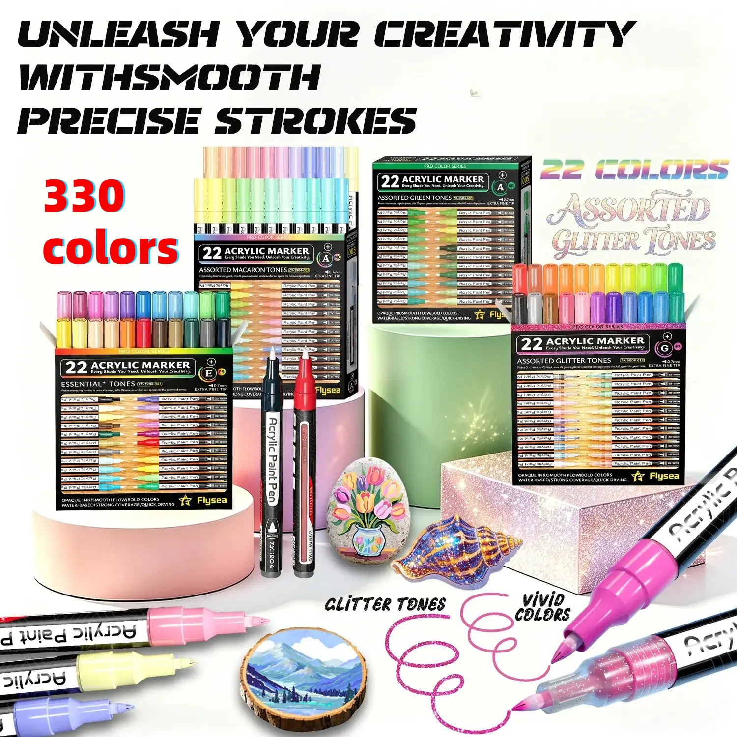 Flysea Acrylic Paint Markers - 22-Piece Set, 0.7mm Fine Tip, Quick-Drying, Non-Discoloring, Acrylic Markers & Highlighters for Art Drawing, Office Stationery Writing Tools