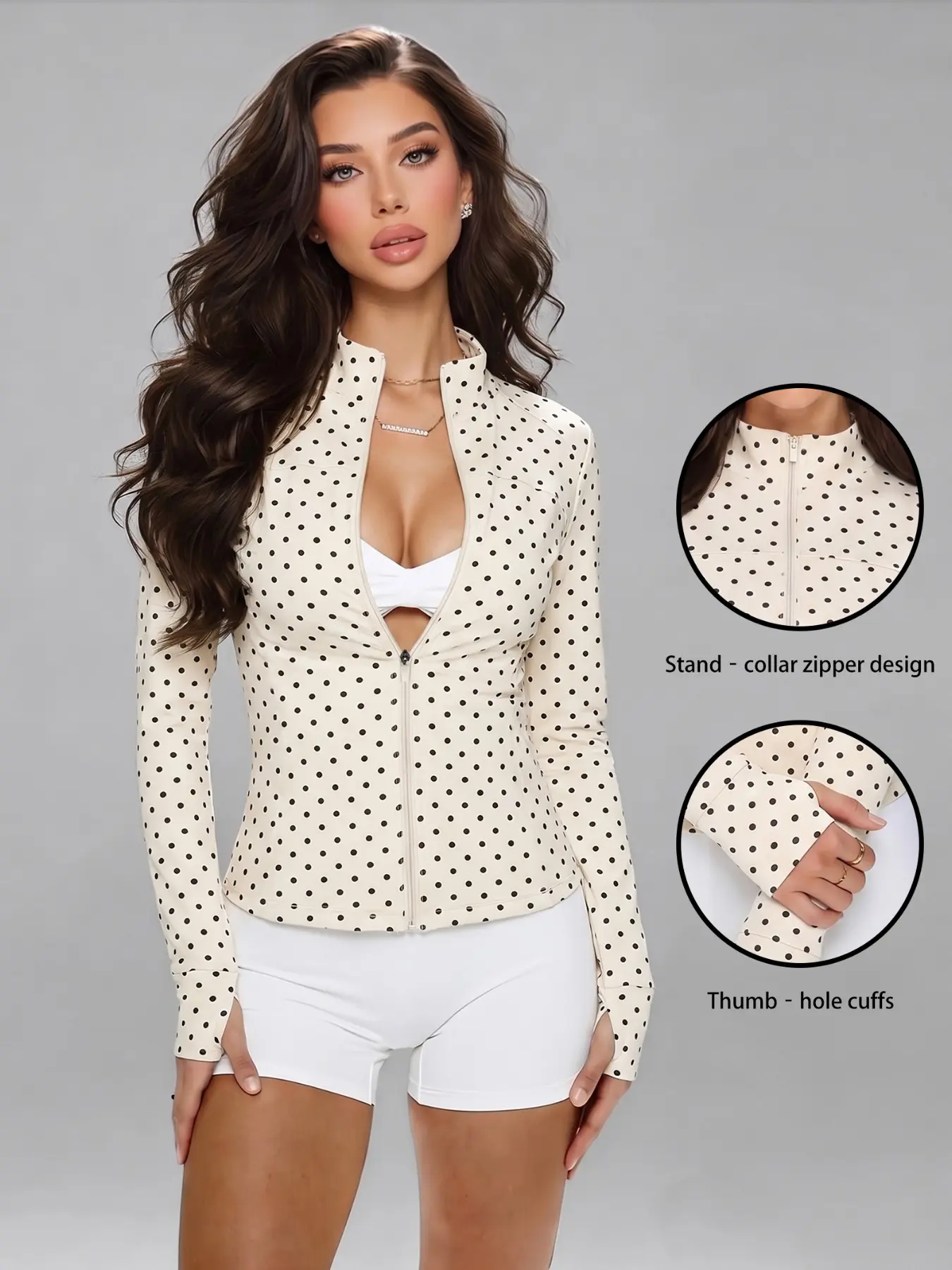 Women's Slim Fit Polka Dot Full Zip Sport Jacket, Thumbhole Jacket, Stand Collar Thumb Hole Long Sleeve, Ideal for Gym, Pilates, Daily Casual Wear