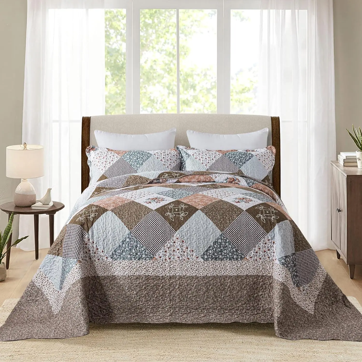 Oversized 120x120 King Bedspreads 3 Pcs California King Quilt Extra Large All Season Quilt Sets Rustic King Size Bedding Sets Reversible Lightweight Microfiber Coverlet Bed Quilts