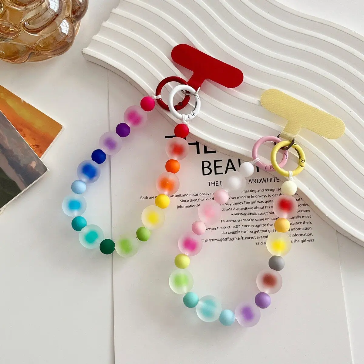 Dopamine Phone Strap Ornament, Rubber Frosted Rainbow Jelly Beads Anti-Loss Double Buckle Lanyard for Phones, Cameras, Water Bottles