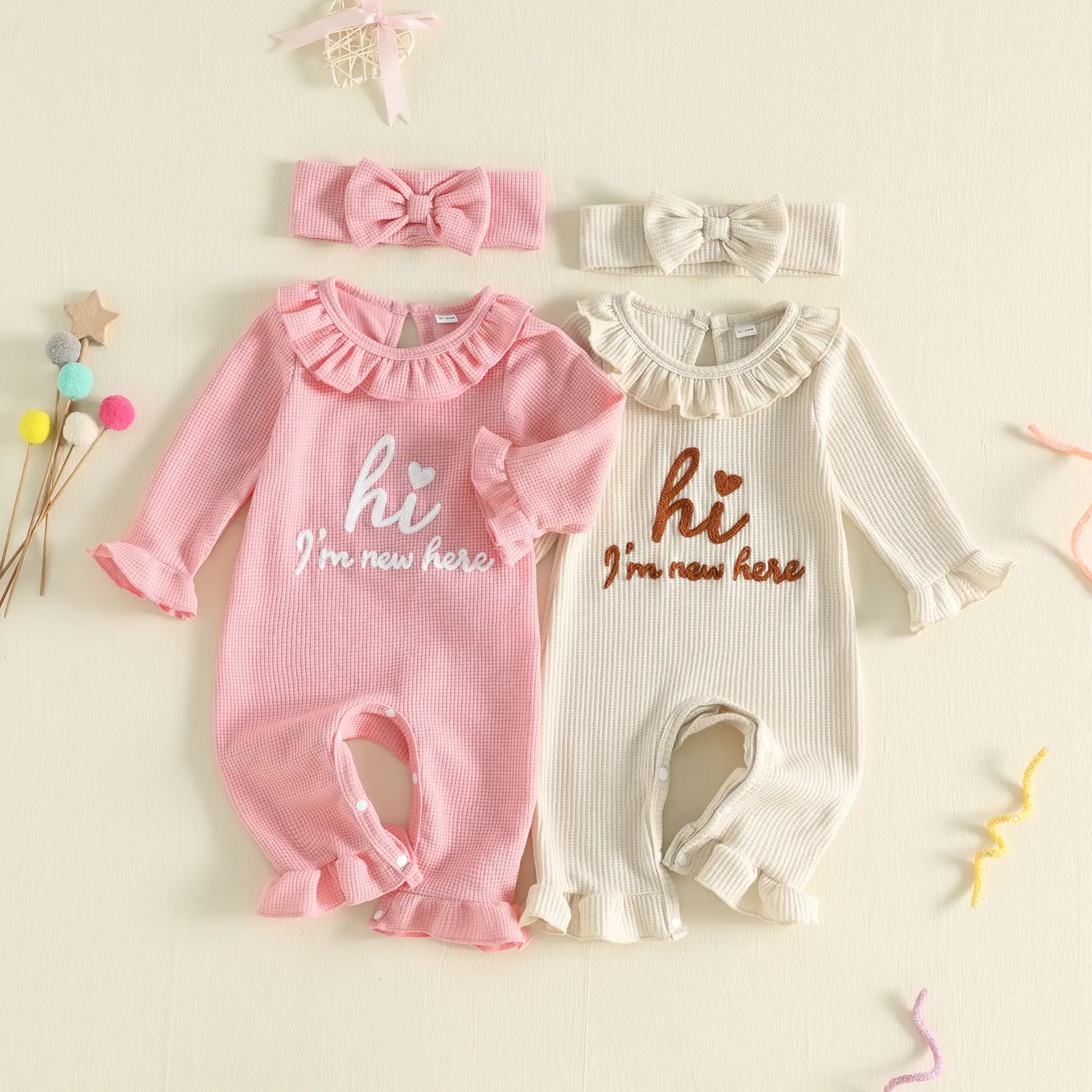 Newborn Baby Girl Outfit Waffle Long Sleeve Letters Jumpsuit with Bowknot Headband Set Fall Winter 0-9 Months