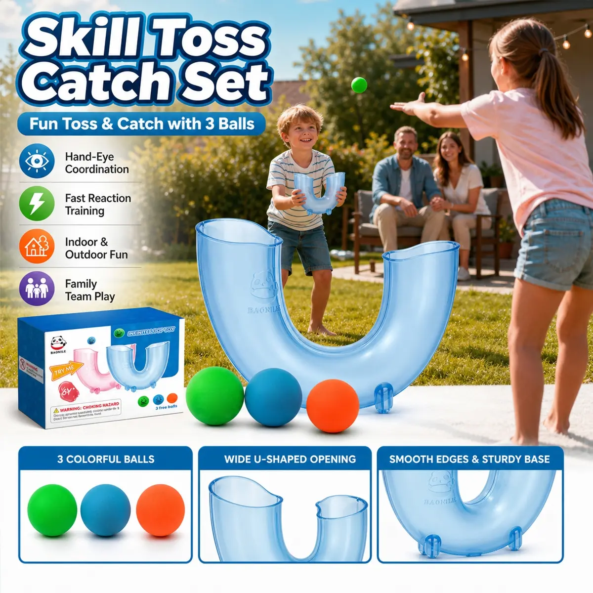 Hand-Eye Coordination Catch Ball Set, 3 Ball Toss Catch Training Cups, Interactive Training Ball, Skill Game Toy, Reaction Speed Focus Sensory Practice, Indoor Outdoor Parent-Child Activity for Kids Family School Team Building, Blue
