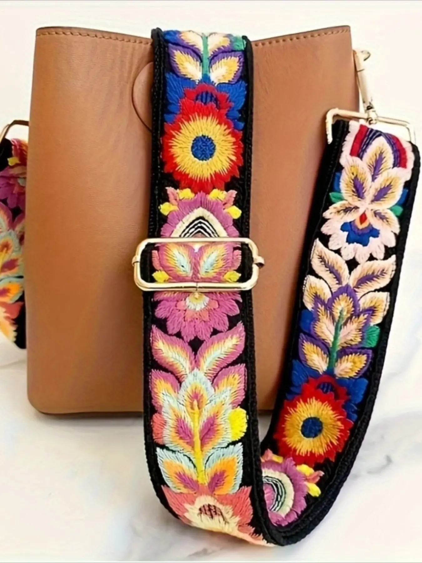 A widened strap, Vibrant Floral Embroidered Adjustable Shoulder Strap for Purses, Handbags & Guitar Straps - 2 Inch Black Polyester with Golden-Tone Clasps, DIY Accessory for Women's Bags