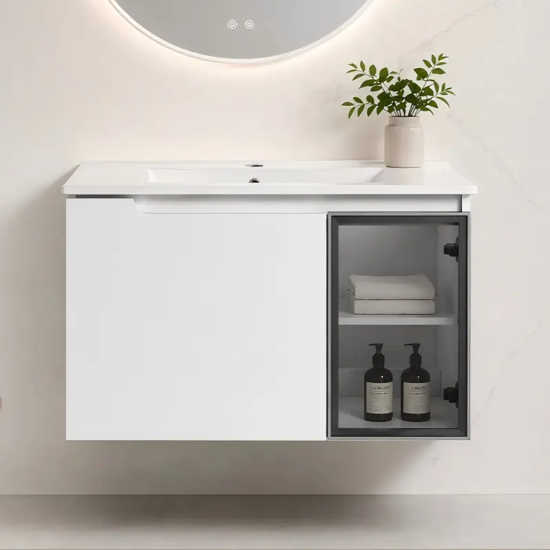 ARCH 30 Inch Wall-Mounted Bathroom Vanity with Ceramic Sink, 2 Soft-Close Doors, Glossy White Cabinet & Grey Glass Half Door, Plywood Construction, Modern Floating Storage Cabinet for Bathroom Organization, Bathroom Furniture for Vanity Area
