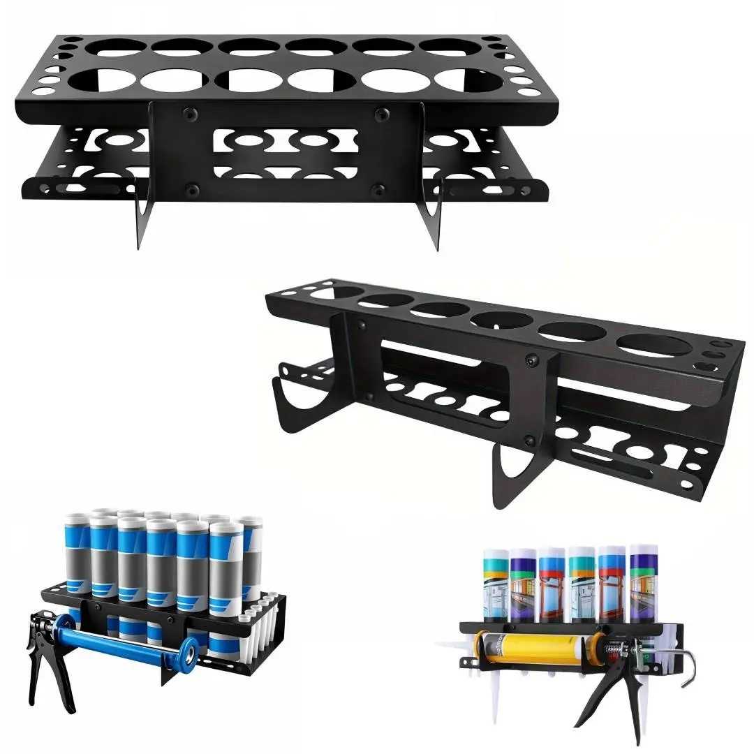 6/12 Slots Caulking Tube and Gun Holder, Wall Mounted Storage Rack, Metal Material, Organizes 6 Tubes and Nozzles, Ideal for Garage and Workshop