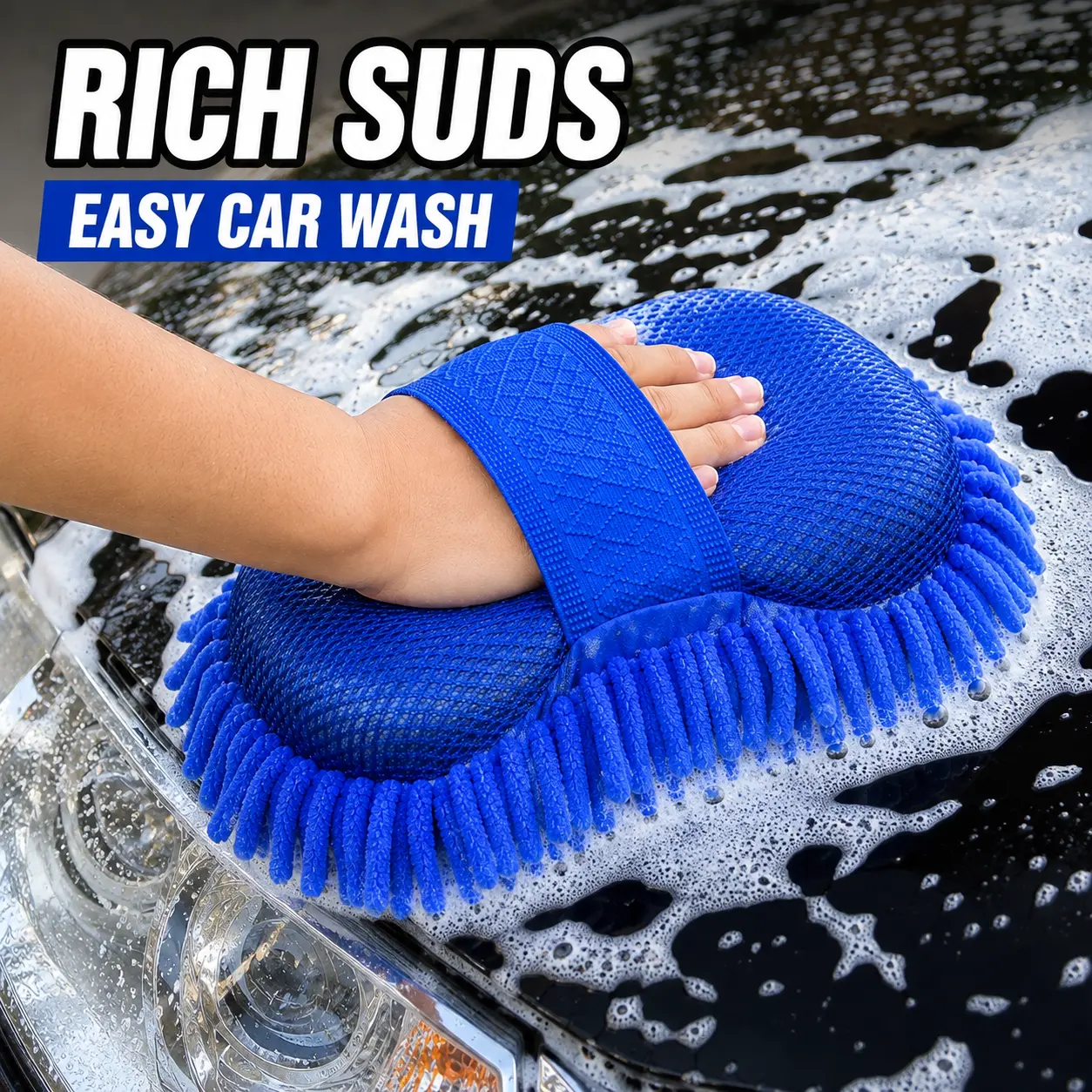 Chenille Car Wash Mitt with Hand Strap, Thick Soft Cleaning Sponge for Cars, Trucks, Glass & Interior, Reusable Auto Detailing Wash Pad, Blue