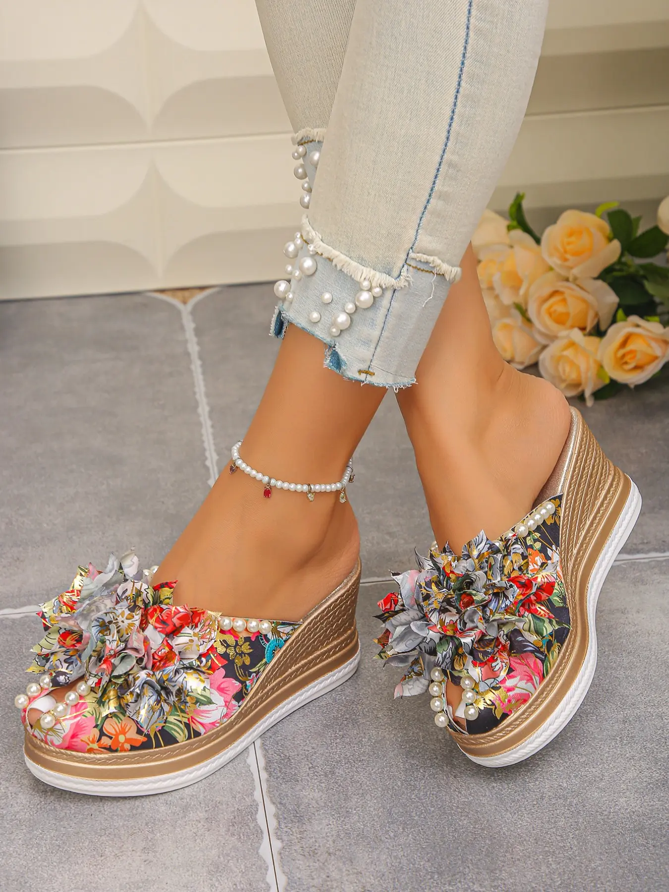 Women's Wedge Sandals, Upper, Floral Print, Layered Fabric Flowers, Pearl Trim, Open Toe, Thick Sole, Waterproof Platform