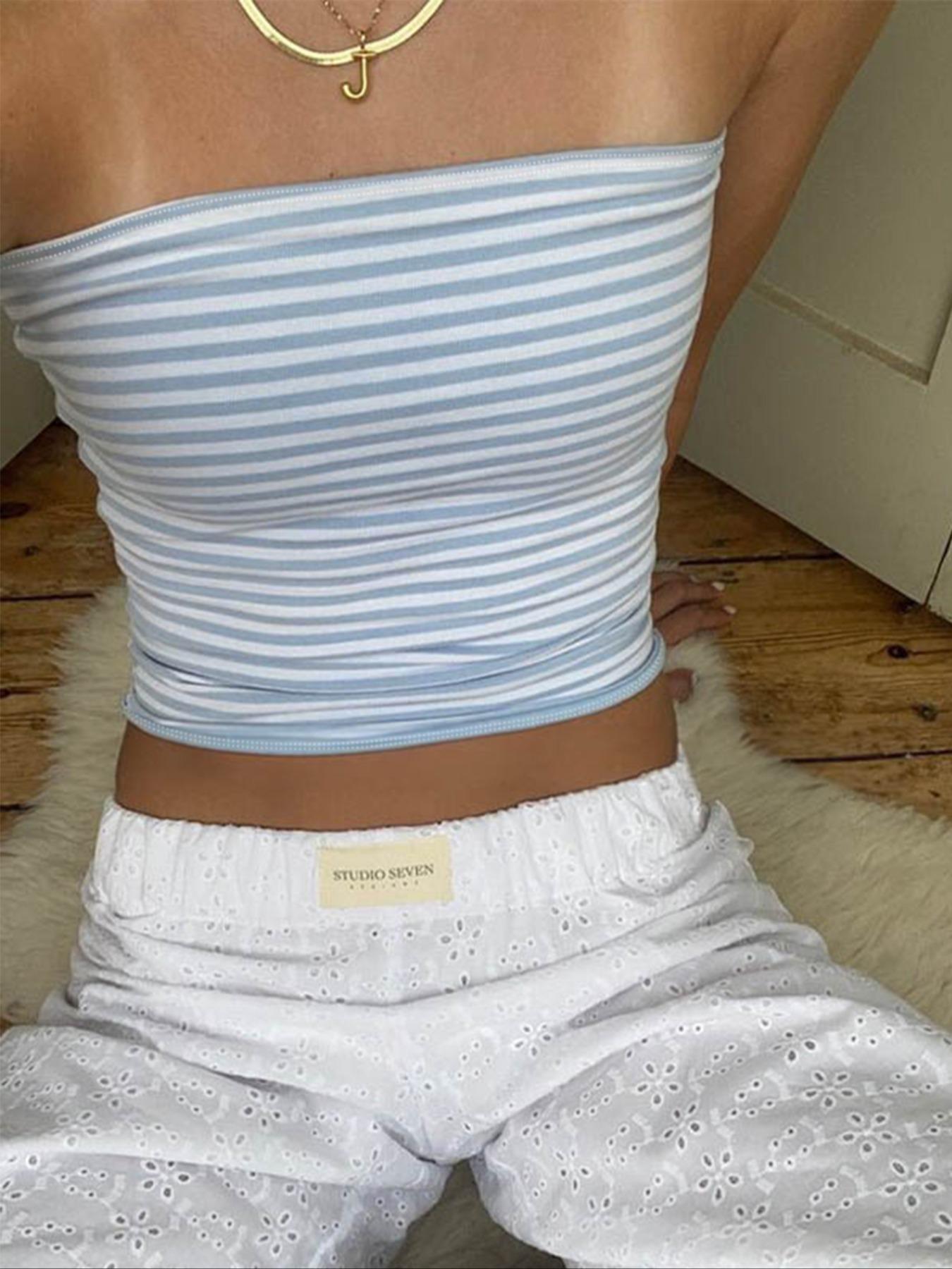 Women's Striped Print Ruched Fitted Crop Knit Tube Top, Casual Strapless Cropped Top for Summer, Ladies Clothes for Daily Wear