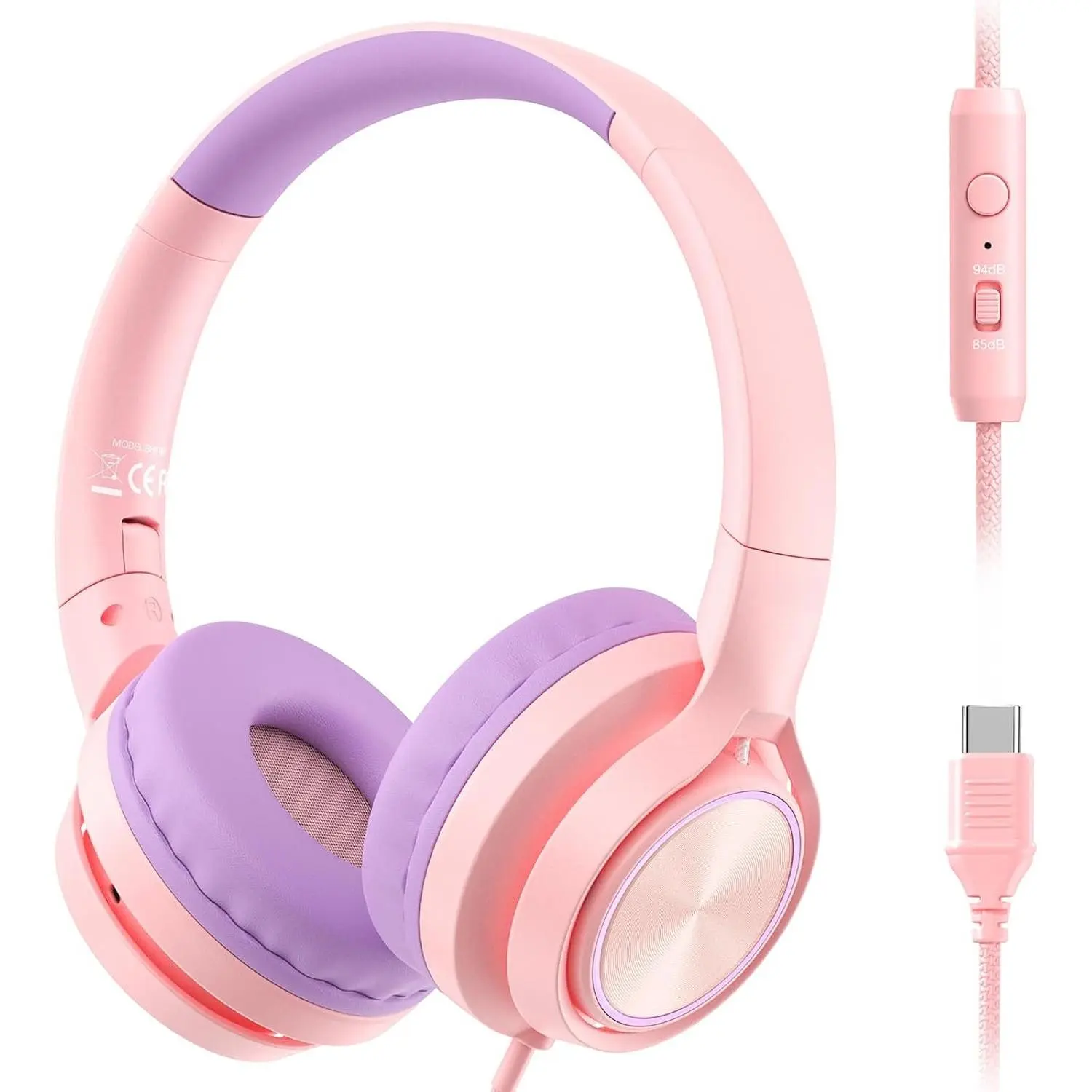 USB-C  Headphones with Mic, Safe Volume Limiter 85/94dB, Adjustable Headband, Foldable Wired Headphones for Boys & Girls, Over Ear Headphones for School/Chromebook/Tablet/Laptop/Travel