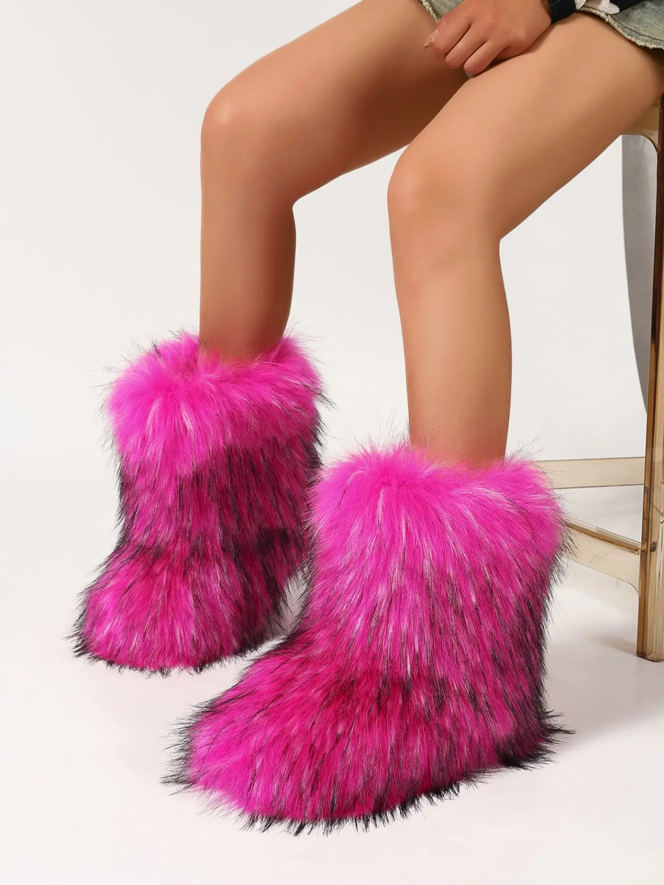 Women's Fall Winter Retro Long Hair Imitation Mink Short Boots, Thick Warm Fuzzy Boots, Colorblock Fashion, Non-Slip Daily Wear