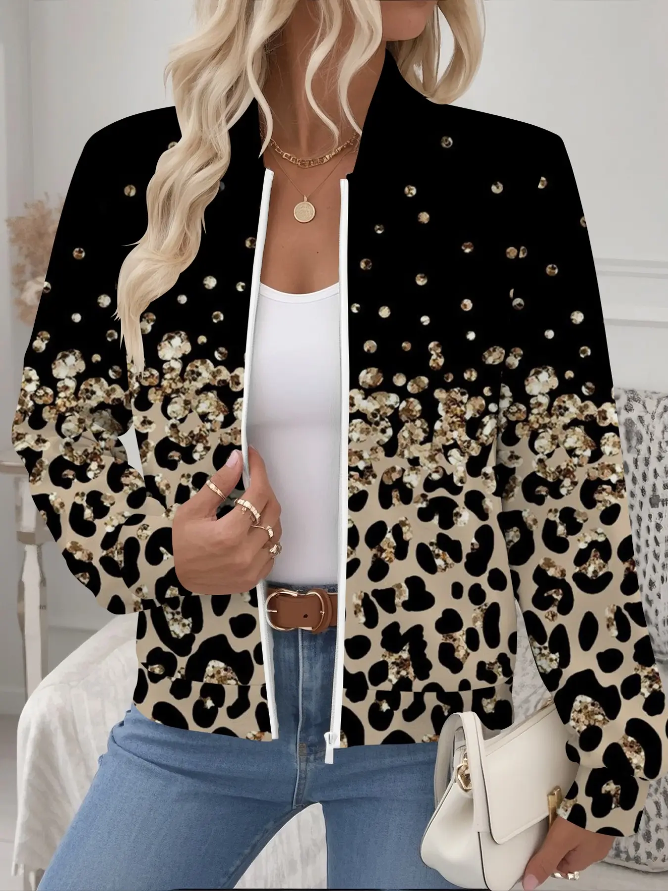 Trendy Gradient Sequin Leopard Print Baseball Jacket for Women, Stand Collar Zipper Long Sleeve Loose Fit Casual Street Fashion Outerwear Coats