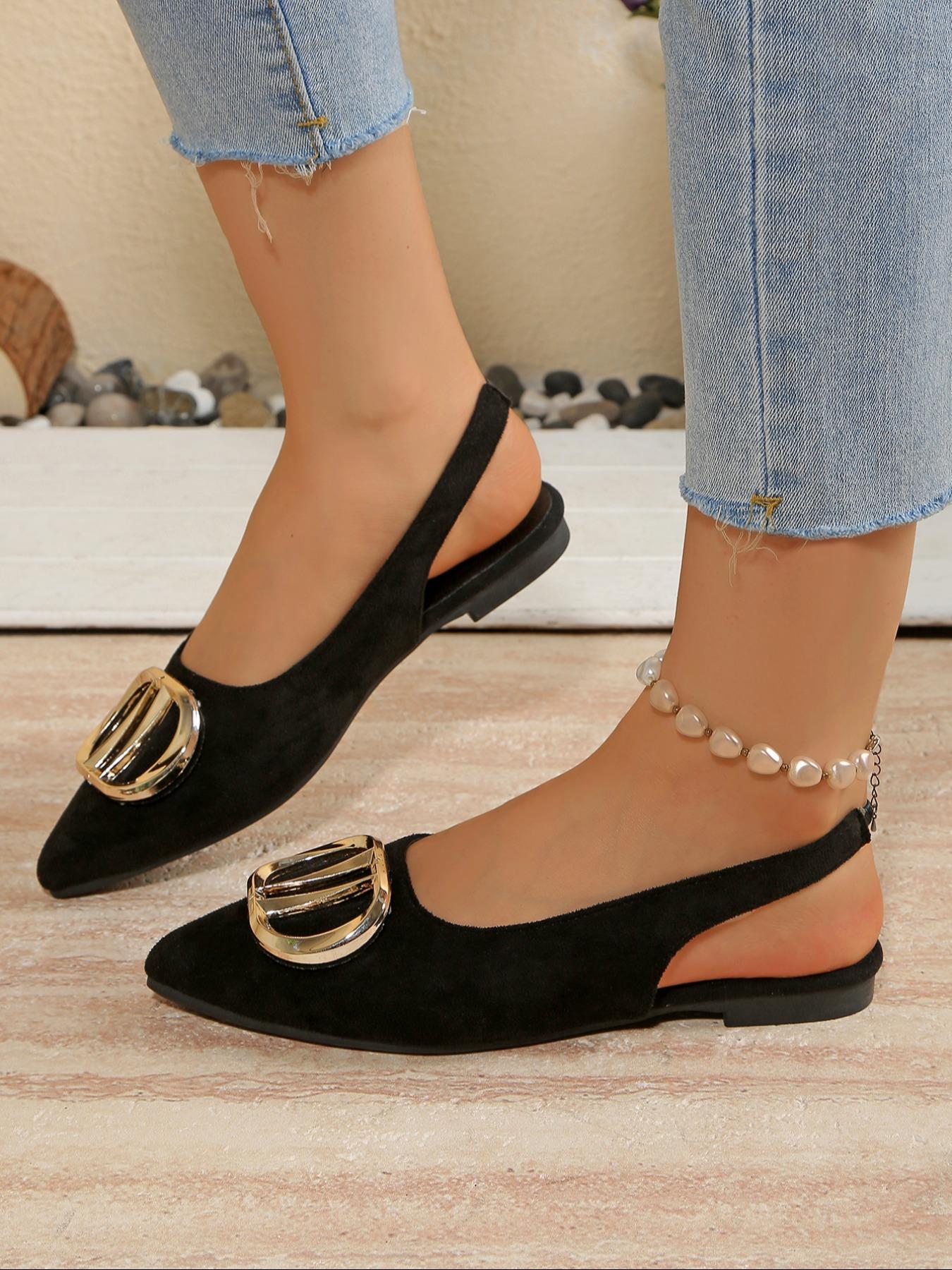 Women's Fashionable Pointed Toe Flat Shoes, Metal Buckle Decor, Slip-On Casual Sneakers, Perfect for Dresses & Pants