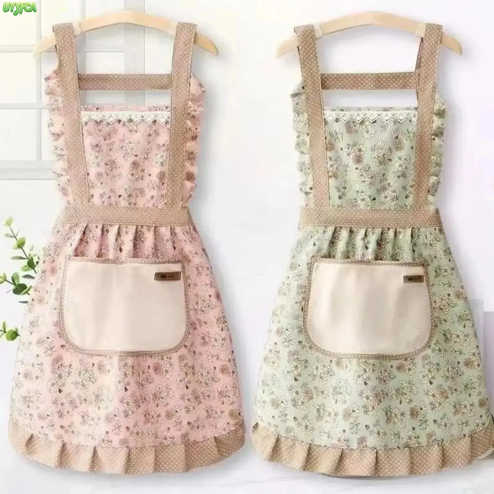 2 Pack Cottagecore Floral Ruffle Princess Apron With Towel Lined Pocket, Lace Trim H-Strap Vintage Dress Style Kitchen Apron, Water Resistant Lightweight Cooking Baking Accessory For Women Cafe  Kitchen Restaurant,Summervibes