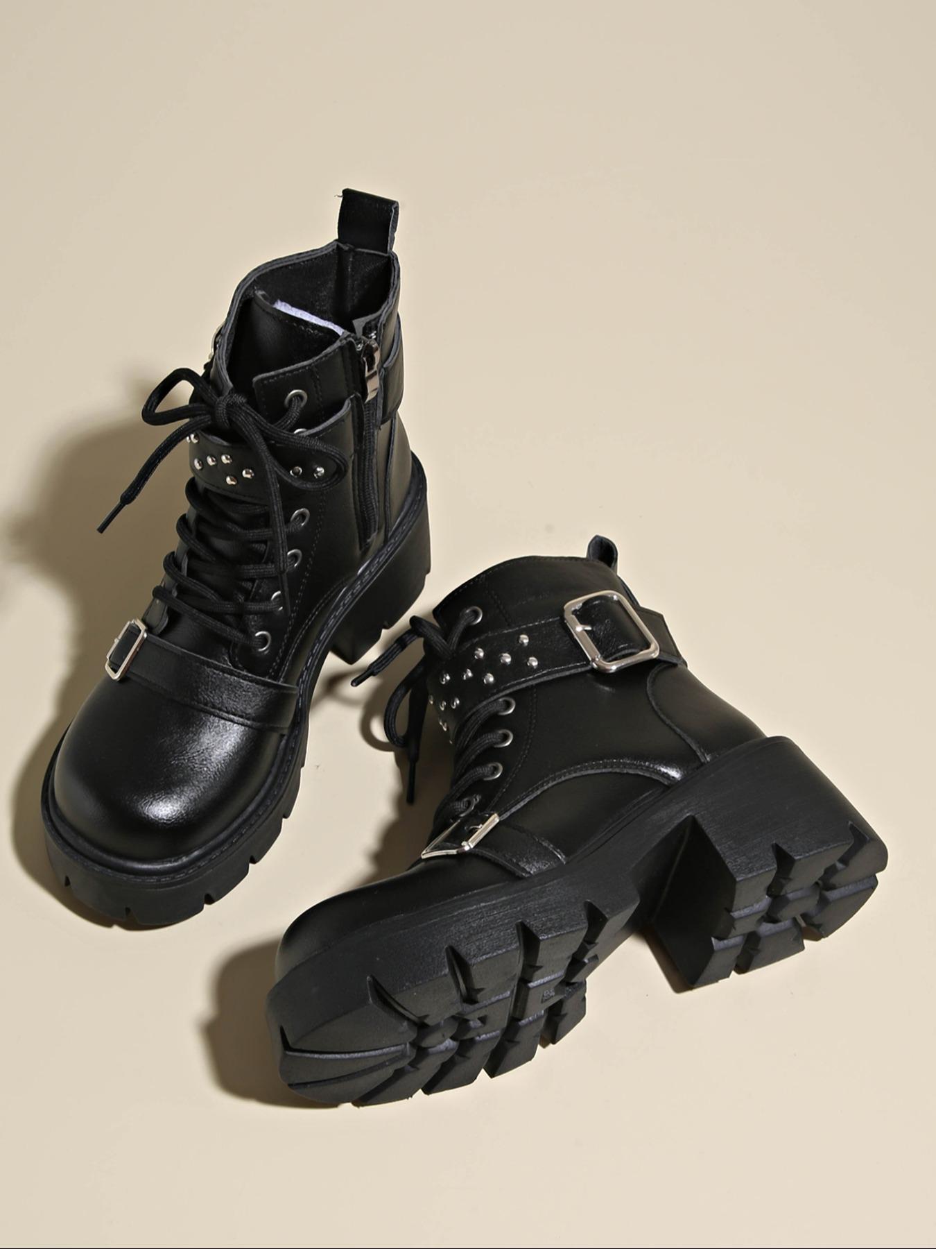 Classic platform ankle boots for women, studded buckle decoration, combat boots, four season zipper short boots, British boots, thick heels, punk high heels, motorcycle boots