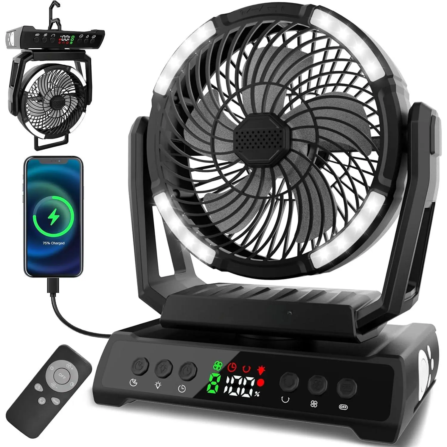 Camping Fan with Light, 40000mAh Rechargeable Tent Fan with Remote, 9 Speeds   Fans with Digital Display, Timer, Auto Oscillation & Hook for Camping, Outdoor Tents, Hurricane