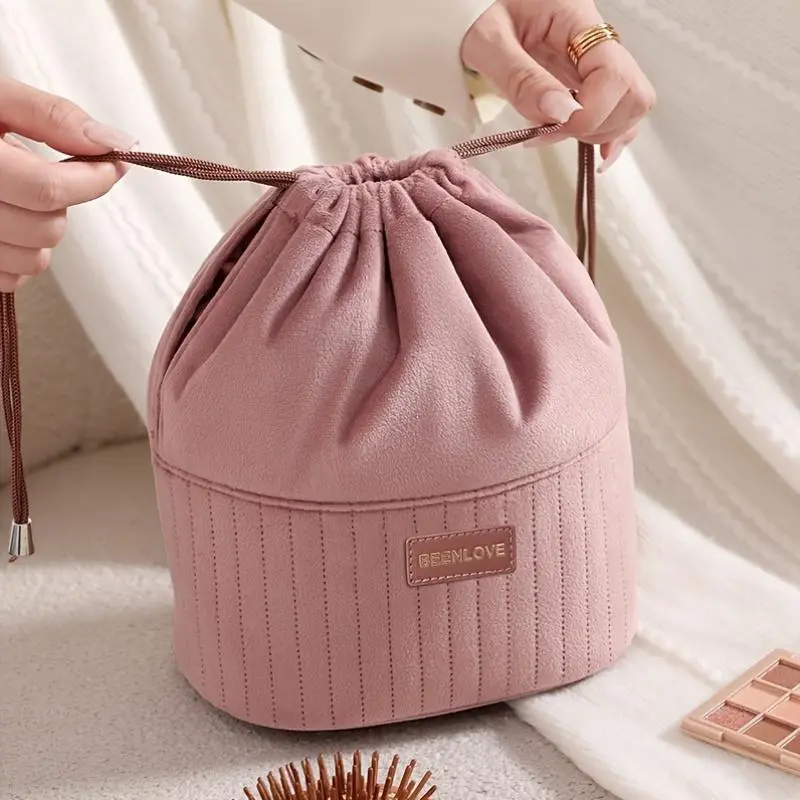 Fashionable Velvet Drawstring Bucket Storage Bag, Large Capacity Bucket Bag Makeup Bag, Large Travel Cosmetics Storage Bag with Inner Pocket, Women'S Portable Toiletry Bag