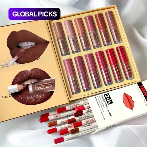 12 Color Matte Velvet Liquid Lipstick Set, Lip Products Makeup, Long-Lasting Non-Stick Formula, Includes 12 Matte Lip Liner Pencils, Perfect for Makeup Enthusiasts