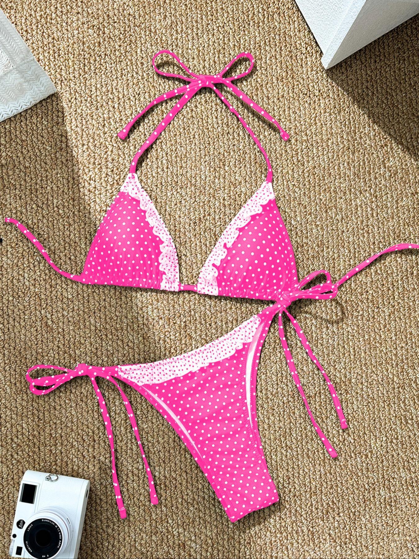 Two-piece Set Women's Polka Dot Print Bikini Set, Casual Fashion Chic Tie Back Swim Bra & Tie Side Swim Panty, Ladies Swimsuit for Beach Holiday Vacation, Colorblock Bikini Set, Summer Swimsuit Set, Swimsuit Style Bikini