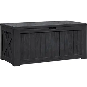 Resin Deck Box 120 Gallon Waterproof Large Outdoor Indoor Storage Box Imitation Wood Resin for Patio Furniture Garden Tools and Pool (Black)