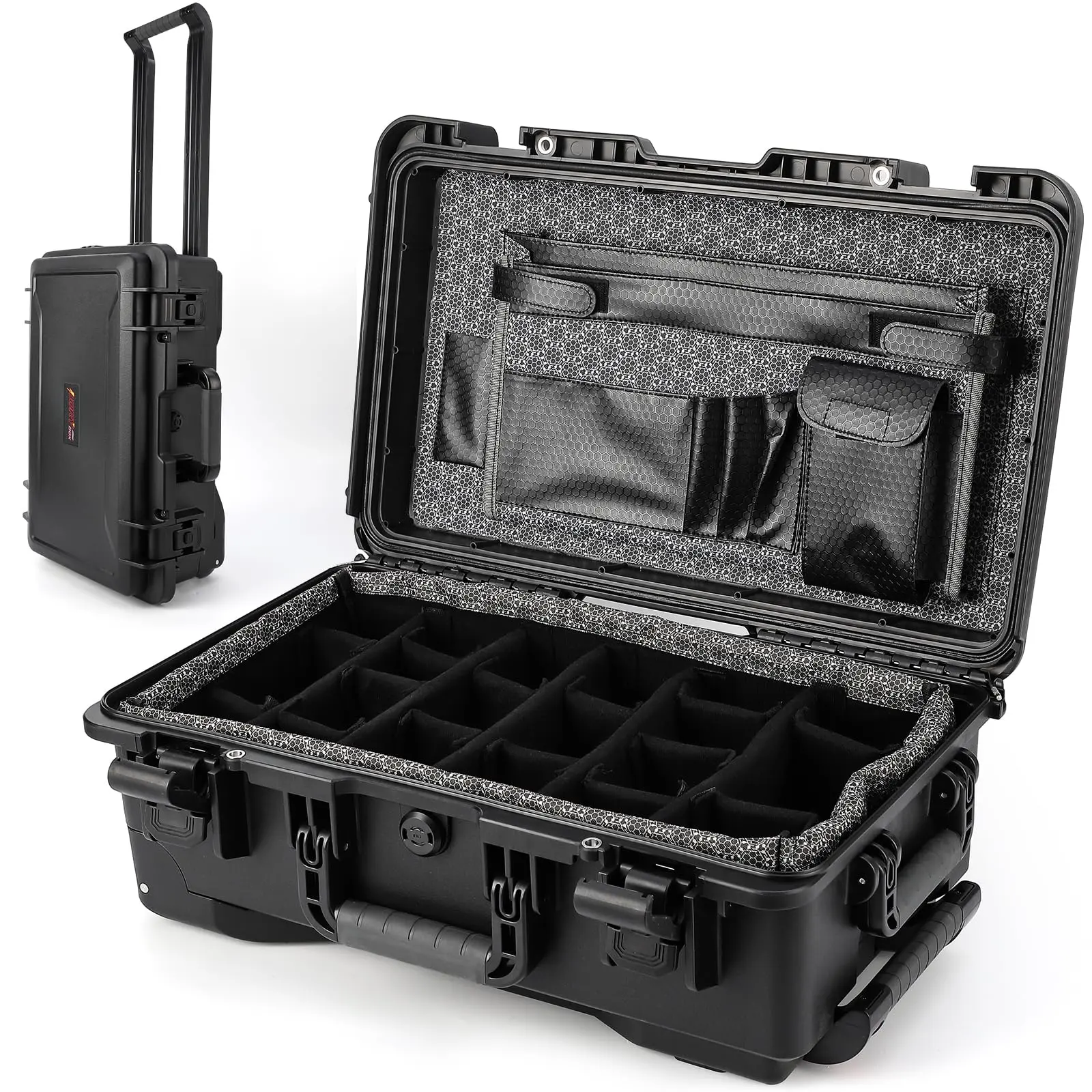 IP67 Waterproof Hard Case with Wheels & Telescopic Handle, Heavy Duty Protective Dry Box with Adjustable Dividers for Camera, Drone & Laptop, Rugged Impact Resistant Gear Organizer for Diving & Travel
