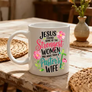11oz White Mug, Religious Inspirational Style, Jesus Found Strongest Women Pastor's Wife Quote With Floral Cross Design, Daily Use Church Gift, Christian Women Pastor Wife Mom