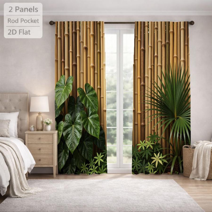 2Pcs Tropical Style Bamboo Leaves Pattern Sun Blocking Curtains Digital Printed Rod Pocket, Window Treatment For Bedroom Office Kitchen Living Room Study Home Decor