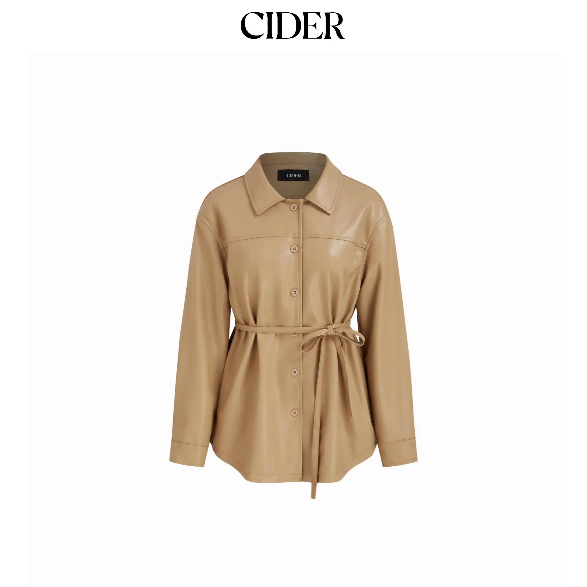 Cider Faux Leather Collar Shacket With Belt Cider Faux Leather Collar Shacket With Belt