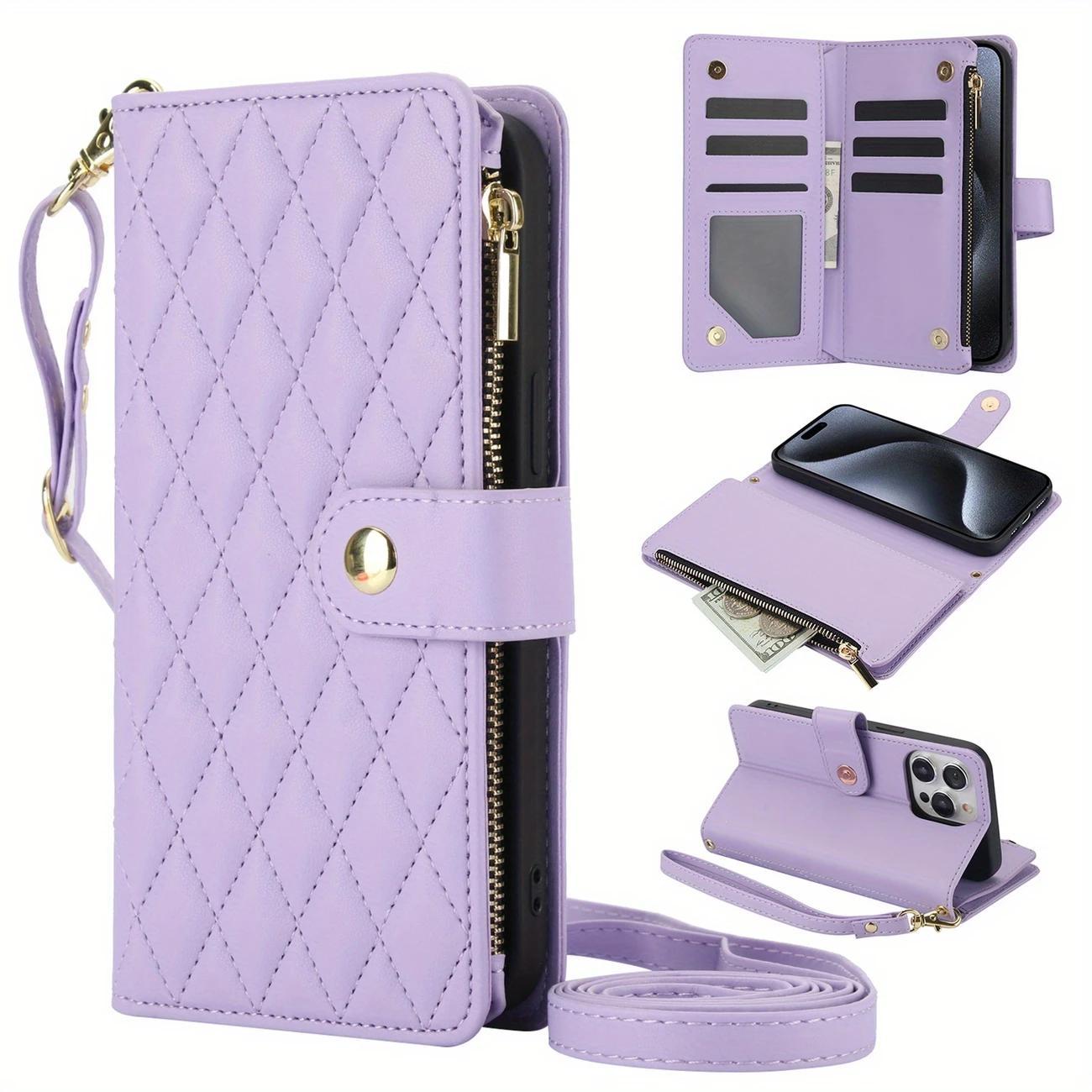 Quilted Pattern Phone Case with Card Holder, Adjustable Crossbody Zipper Purse Case with Kickstand and Detachable Wrist Strap, Flip Folio Case for iPhone 17 Air/16e/16/15/14/13/12/11 Pro Max