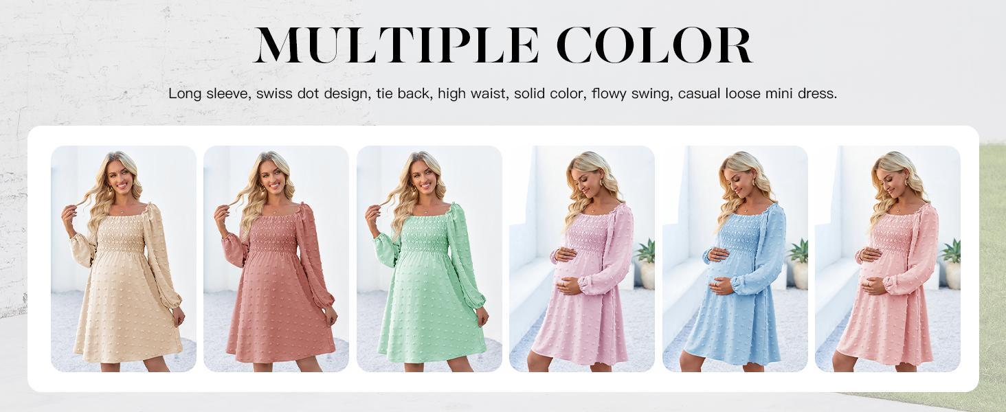 Imily Bela Women's Maternity Long Sleeve Dress Square Neck Swiss Dot Summer Casual Loose Short Dresses